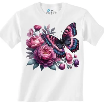 Dívčí tričko Dětské tričko Kouzelný Motýl a Pivoňky (Barva: Bílá)