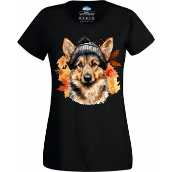 Dámské tričko Podzimní Německý ovčák v Kulichu (Velikost: 4XL, Barva: Černá)