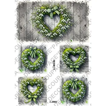 Umělecký papír Rýžový a soft papír na decoupage - Zelené srdce se sněženkami - KB2966 Materiál: Soft, Rozměr: A4