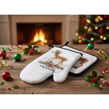 Chňapka Vánoční kuchyňský set vánoční rukavice/chňapka JINGLE BELLS bílá/červená 18x30 cm/20X20 cm 100% bavlna Balení 2 kusy - pravá rukavice + chňapka