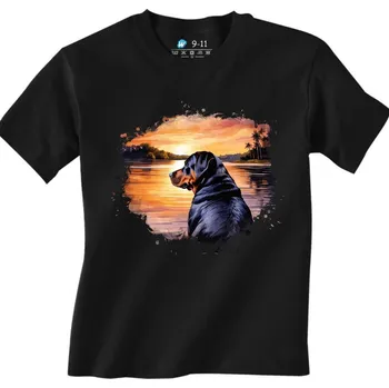 Chlapecké tričko Dětské tričko Rotvajler na Pláži při Západu Slunce (Velikost: 5-6, Barva: Černá)