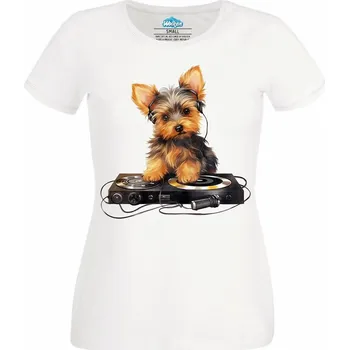 Dámské tričko DJ Jorkšírský teriér (Velikost: 4XL, Barva: Bílá)