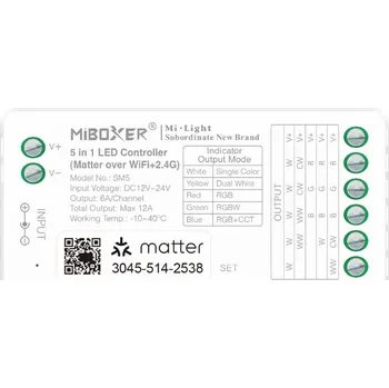 LED osvětlení MiBoxer SM5 - Matter WiFi Smart LED kontroler 5v1 pro MONO, CCT, RGB, RGBW a RGB+CCT LED