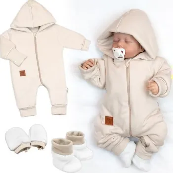 Kojenecký overall Baby Nellys Bavlněný overálek s kapucí, rukavičky, botky, 3D sada Sv. béžový Baby Nellys Vel. 62