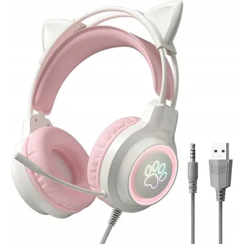 Sluchátka HERNÍ SLUCHÁTKA DRÁTOVÁ MIKROFON LED PC PS5 XBOX KOČIČÍ UŠI RŮŽOVÁ