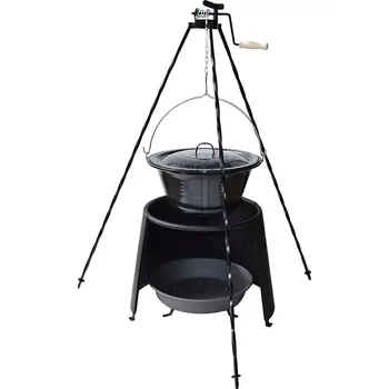 kotlíky Set trojnožka 1,25 m s kladkou a kotlík s poklicí smalt 16 l a ohniště se závětřím (ocelová trojnožka s kladkou 1,25 metru a smaltovaný kotlík s poklicí o objemu 16 litrů a ohniště se závětřím)