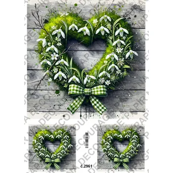 Umělecký papír Rýžový a soft papír na decoupage - Zelené srdce se sněženkami - KB2961 Materiál: Soft, Rozměr: A4