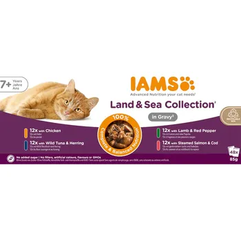 Krmivo pro kočku 48x85g IAMS Delights Senior Land & Sea Collection in Sauce - míchané balení 2 (4 příchutě)