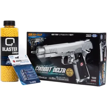 Airsoftová zbraň Tokyo Marui Balíček: Airsoftová elektrická pistole Combat Delta stříbrná, EBB +3000 kuliček +4 baterie