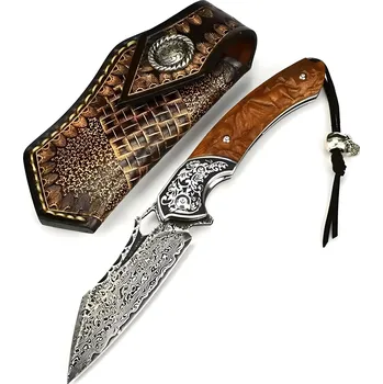 Kuchyňský nůž IZMAEL Damaškový outdoorový skládací nůž HA 31680 Hnědá 9 cm