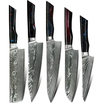 Kuchyňský nůž Sada damaškových kuchyňských nožů YO 37407 – Červená Modrá