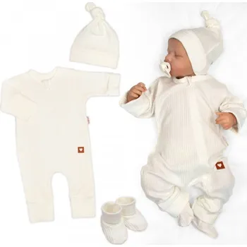 Kojenecká souprava Rostoucí žebrovaný overálek, čepička a botičky, 3D, Nature - ecru