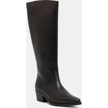 Dámské kozačky Kožené kozačky Tommy Hilfiger TH COWBOY LEATHER LONG BOOT dámské, černá barva, na podpatku, FW0FW09157 99X, EUR 37
