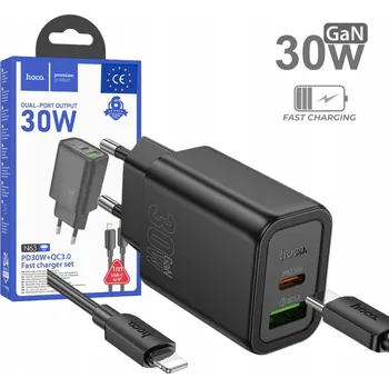 Nabíječka Hoco N63 1× USB-C PD30W + 1× USB-A QC3.0 + kabel Ligh černý, GaN