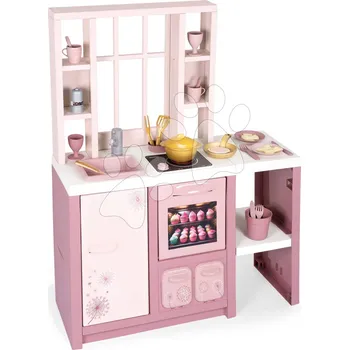 Dětská kuchyňka Kuchyňka elektronická s magickými těstovinami Loft Fleur Pink 360° Smoby růžová se zvukem oboustranná s 27 doplňky 50 cm pracovní deska