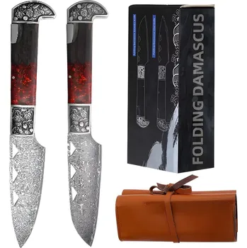 Kuchyňský nůž IZMAEL 2x Damaškový outdoorový skládací nůž CO 32809 Červená 12.2 cm