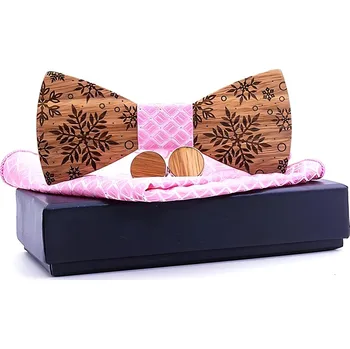 Motýlek IZMAEL Dřevěný motýlek s kapesníkem a manžetovými knoflíčky Hnědá/Růžová