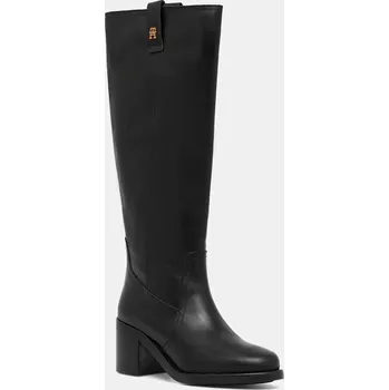 Dámské kozačky Kožené kozačky Tommy Hilfiger RIDING LTHR LONG BOOT BLOCK HEEL dámské, černá barva, na podpatku, FW0FW08777 99X, EUR 37