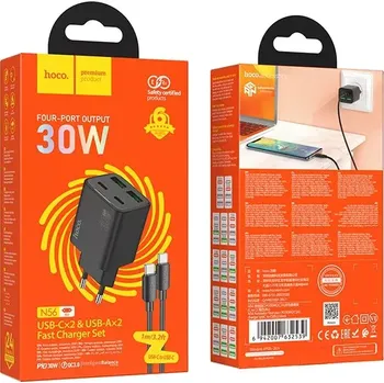 Síťová nabíječka Hoco N56 30W 4×USB + kabel USB-C černá (íťová nabíječka Hoco N56 30W – 2× USB-C + 2× USB-A, QC3.0, PD, s kabelem USB-C – USB-C, černá)
