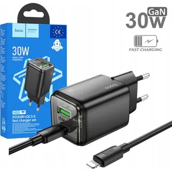 Nabíječka Hoco N53 USB-C PD 30W + USB-A QC3.0 + kabel Lightning, GaN černá