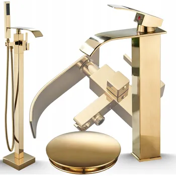 Vodovodní baterie Vanová a sprchová baterie, sada s umyvadlovou baterií, zlatá souprava Ari