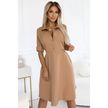 Dámské oblečení Numoco SANDY Rozevláté košilové šaty s páskem - MOCHA MOUSSE 286-8 Barva: Béžová, Velikost: L