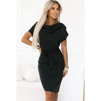 Dámské šaty Numoco ROXI šaty s asymetrickou sukní a páskem - KHAKI 240-7 Barva: Zelená, Velikost: M