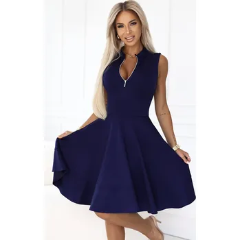 Dámské oblečení Numoco Exkluzivní šaty s rozšířeným spodním dílem a zlatým zipem - tmavě modré 573-2 Barva: Modrá, Velikost: M