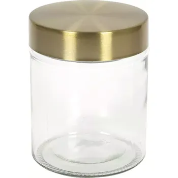 Dóza na potraviny Skleněná dóza se zlatým víkem, objem: 0,6 litru, výška: 120 mm, průměr: 100 mm.