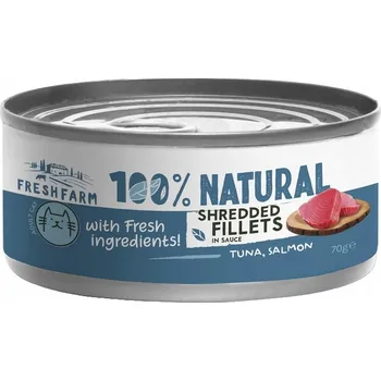 Krmivo pro kočku FRESH FARM FILÉ BÍLÁ RYBA A LOSOS S KUŘECÍM MASEM V OMÁČCE 70 G