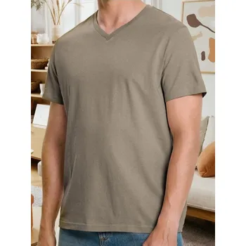 Pánské tričko Sinsay - Tričko basic s výstřihem do V - hnědá - 537EY-74X - 537EY-74X-XS