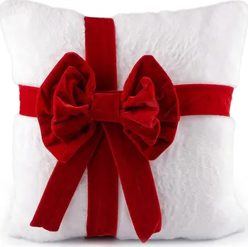 Povlak na dekorativní polštářek Vánoční plyšový povlak na polštář s mašlí 40x40 cm, barva bílá červená