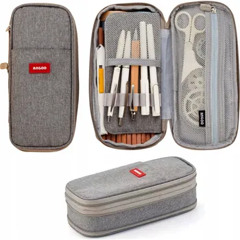 Penál Školní penál prostorný dvoukomorový na pomůcky velká kapsa angoo šedý