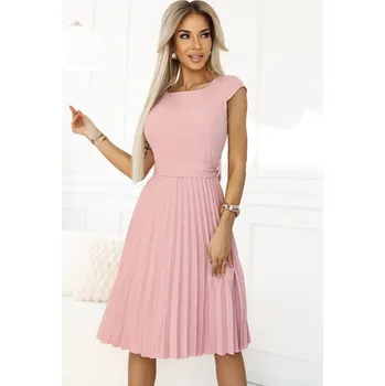 Dámské oblečení Numoco LILA Klasické řasené šaty s krátkým rukávem a páskem - pudrově růžové 311-19 Barva: Růžová, Velikost: XXL