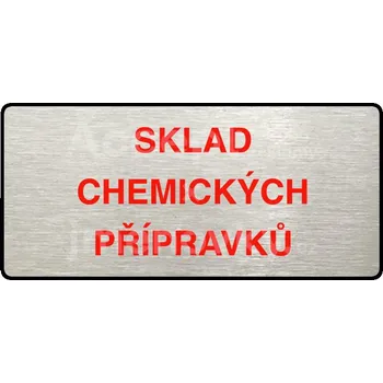 Značení Stříbrný&nbsp;piktogram "SKLAD CHEMICKÝCH PŘÍPRAVKŮ" s červeným textem a rámečkem&nbsp;-