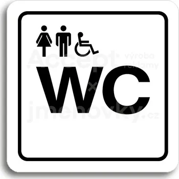 Informační tabulka Bílý piktogram "WC ženy, muži, invalidé" s černým textem a rámečkem - 80 x 80 mm