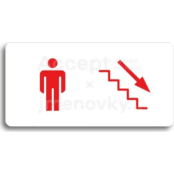 Informační tabulka Bílý piktogram "WC MUŽI VPRAVO DOLŮ" s červeným textem bez rámečku -