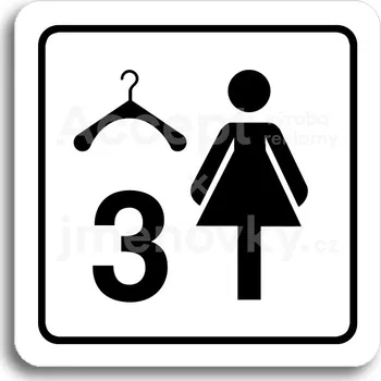 Informační tabulka Bílý piktogram "šatna ženy 3" s černým textem a rámečkem - 80 x 80 mm