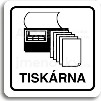 Informační tabulka Bílý piktogram "tiskárna" s černým textem a rámečkem - 80 x 80 mm