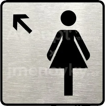 Informační tabulka Stříbrný piktogram "WC ženy vlevo nahoru" s černým&nbsp;textem a rámečkem&nbsp;-