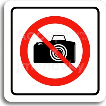 Informační tabulka Bílý piktogram "zákaz fotografování" s červeným textem a rámečkem&nbsp;-