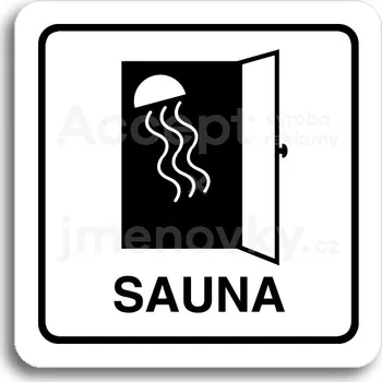Informační tabulka Bílý piktogram "sauna II" s černým textem a rámečkem&nbsp;-