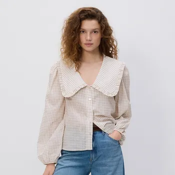 Dámské tričko Reserved - Halenka s dekorativním límcem - krémová - 428IM-01X - 428IM-01X-L