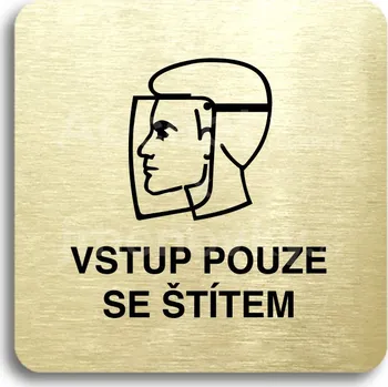 Informační tabulka Zlatý piktogram "vstup pouze se štítem II" s černým textem bez rámečku - 80 x 80 mm