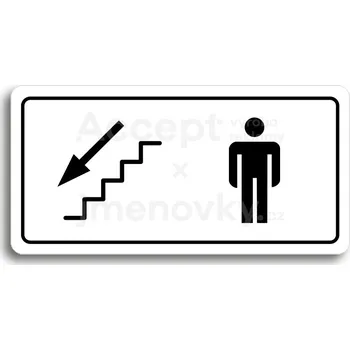 Informační tabulka Bílý piktogram "WC MUŽI VLEVO DOLŮ" s černým textem a rámečkem&nbsp;-