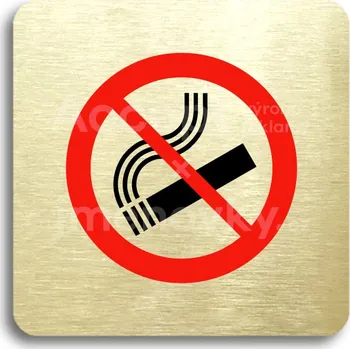 Informační tabulka Zlatý piktogram "zákaz kouření" s červeným textem bez rámečku -