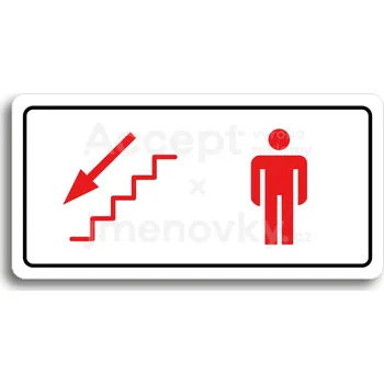 Informační tabulka Bílý piktogram "WC MUŽI VLEVO DOLŮ" s červeným textem a rámečkem&nbsp;-