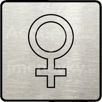 Informační tabulka Stříbrný piktogram "WC ženy V" s černým&nbsp;textem a rámečkem&nbsp;-