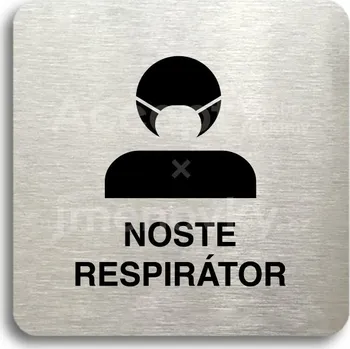 Informační tabulka Stříbrný piktogram "noste respirátor III" s černým&nbsp;textem bez rámečku -