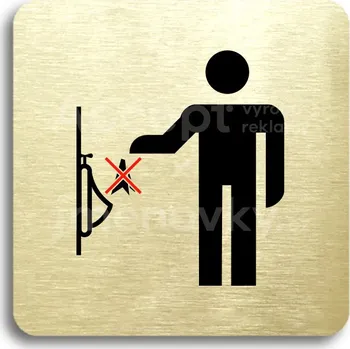 Informační tabulka Zlatý&nbsp;piktogram "zákaz vhazování předmětů do pisoáru" s červeným textem bez rámečku&nbsp;-